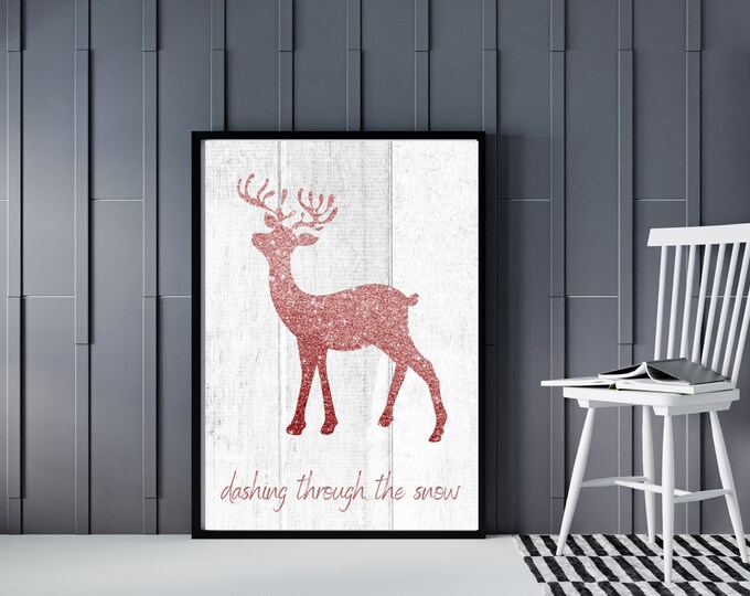 Pink Sparkly Christmas Reindeer Farmhouse Style Sign - Pink Christmas Wall Art Printable - Holiday Wall Decor