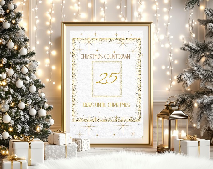 Vintage White and Gold Christmas Countdown Print, Digital Wall Art, Elegant Holiday Decor, Printable Countdown to Christmas, Edit in Canva