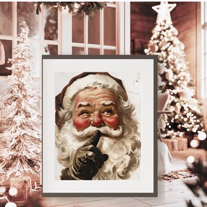 May include: A vintage-style illustration of Father Christmas with a white beard and red cheeks. He is wearing a red and white hat and is holding his finger to his lips, as if to say "shhh".