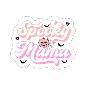 Spooky Mama Różowo-biały winylowy zestaw naklejek na Halloween do dziennika, kubka, laptopa | Naklejki do scrapbookingu Naklejki Kiss-Cut