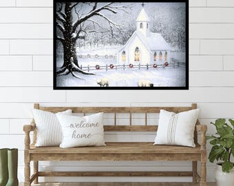 Rustic Winter Scene Landscape Print, Old Church and Sheep, Serene Christmas Print. Winter Matte Horizontal Wall Art, Holiday Winter Decor