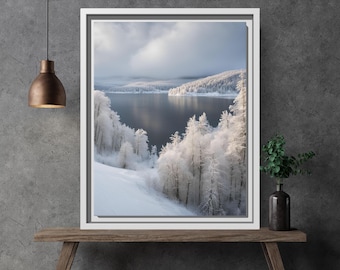 Winter Landscape Wall Art, Snowy Trees and Lake Framed Canvas, Winter Nature Scene, Snow-Covered Landscape, Tranquil Winter Wall Decor