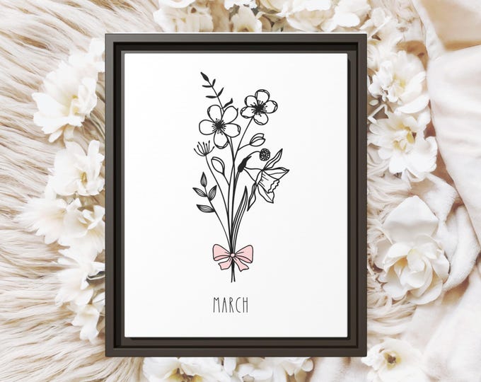 March Birth Flower Framed Canvas Print, Personalized Birth Month Floral Wall Art, Custom Botanical Decor, Nursery Birth Flower Gift
