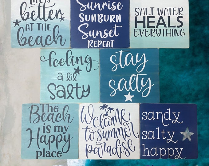 Beach 6 x 6 Wood Signs Summer Tiered Tray Decor Beach House Decor, Beach Quotes, Coastal Beach Decor