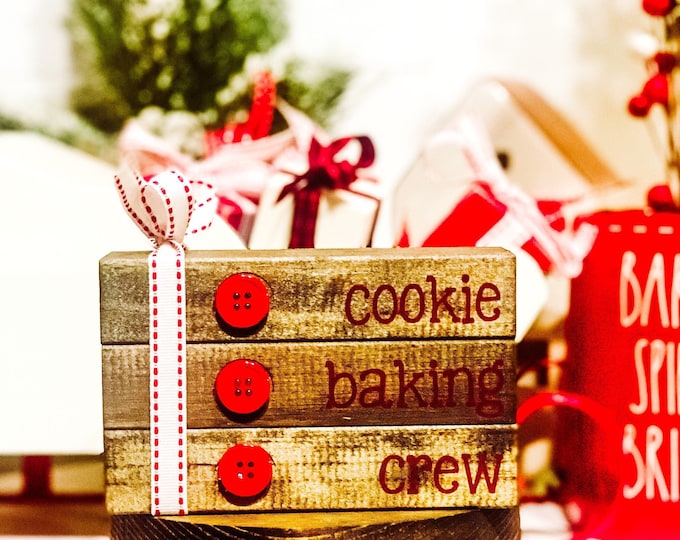 Cookie Baking Crew Wood Book Stack Sign -  Christmas Tiered Tray Decor - Bakery Sign