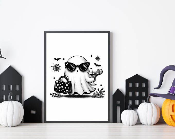Cute Shopping Ghost Wall Art - Halloween Digital Print for Home Decor - Spooky Decor for Fall - Instant Download - Halloween Decor