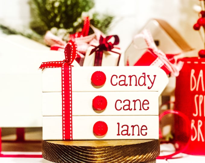 Candy Cane Lane Christmas Sign - Holiday Tiered Tray -  Christmas Wood Book Stack
