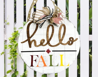 Hello Fall Door Hanger - 14" Rustic White - Bold Vibrant Fall Colors - Farmhouse Fall Decor - Front Door Statement Piece