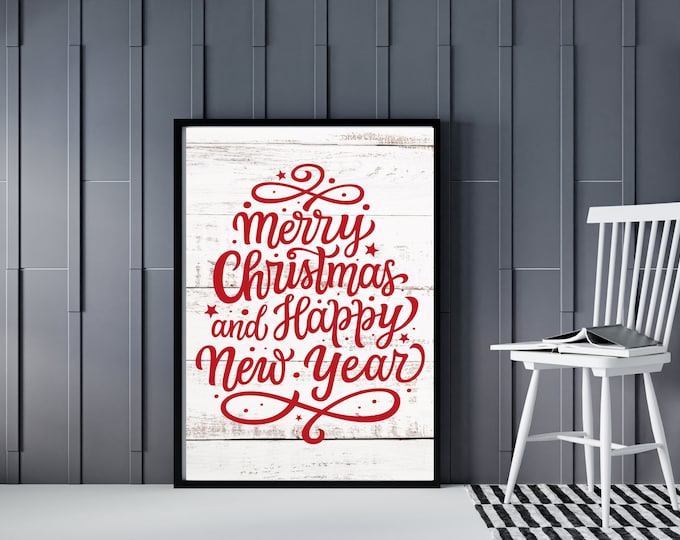 Merry Christmas Farmhouse Style Wall Sign - Holiday Wall Art Printable - Christmas Sign