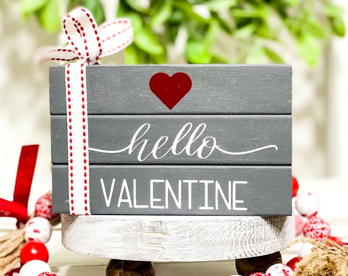 Hello Valentine Wood Sign for Tiered Trays, Stacked Wood Book, Valentine Home Decor, Heart Decor