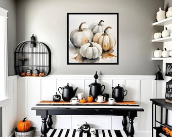 White Fall Watercolor Pumpkins Digital Wall Art | Neutral Autumn Aesthetic Printable | Cozy Farmhouse Fall Decor in 6 Sizes