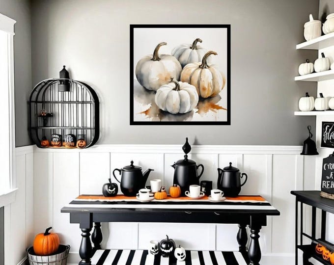 White Fall Watercolor Pumpkins Digital Wall Art | Neutral Autumn Aesthetic Printable | Cozy Farmhouse Fall Decor in 6 Sizes
