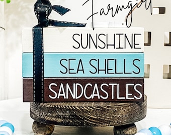 Beach Tiered Tray Decor Wood Book Stack Summer Tiered Tray Sunshine Seashells Sand Castles