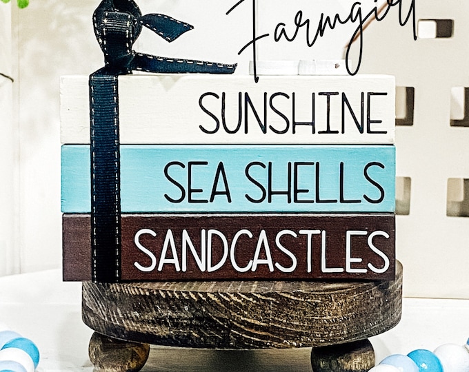 Beach Tiered Tray Decor Wood Book Stack Summer Tiered Tray Sunshine Seashells Sand Castles