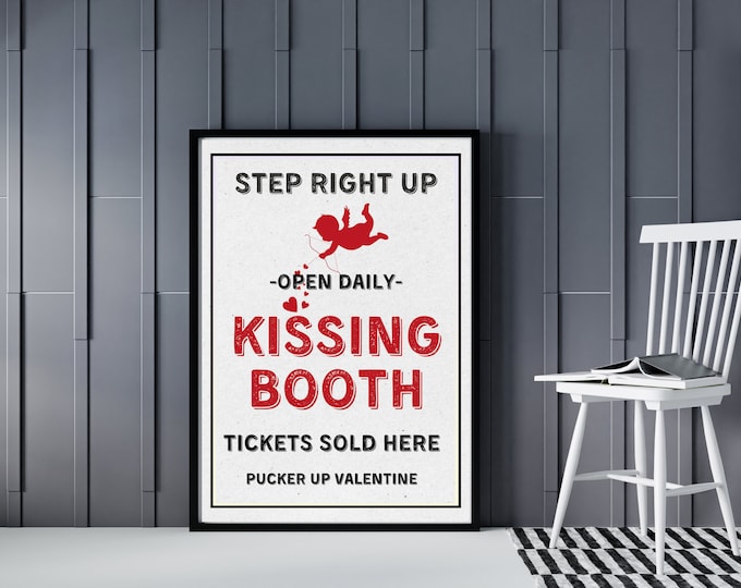 Romantic Valentine's Day Decor: Vintage Kissing Booth Wall Art with Cupid and Retro Typeface