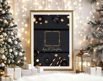 May include: A gold frame with a black background and gold text that says "days 'til Christmas". The frame is surrounded by gold ornaments, black ribbon, and gold glitter. The frame is sitting on a white fluffy rug in front of a white wall with gold Christmas lights.