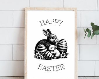 Farmhouse Rustic Easter Decor - Handcrafted Vintage Art Print - Happy Easter Gift
