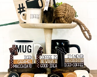 Fall Coffee Bar Tiered Tray Decor Wood Coffee Signs, Farmhouse Wood Book Stacks, Wood Coffee Blocks, Beaded Garland