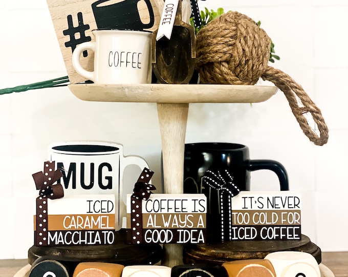 Fall Coffee Bar Tiered Tray Decor Wood Coffee Signs, Farmhouse Wood Book Stacks, Wood Coffee Blocks, Beaded Garland