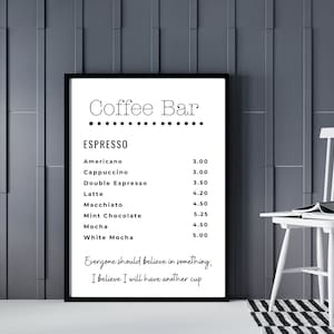 Menu de café bar estilo fazenda impressão de parede - arte de parede de café para impressão - decoração de casa de café
