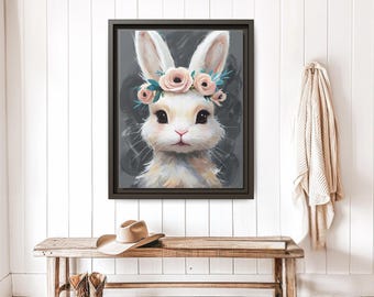 Bunny Framed Canvas Wall Art, Watercolor Bunny Poster, Easter Vintage Rabbit Print, Easter Wall Decor, Botanical Bunny, Bunny Nursery Art