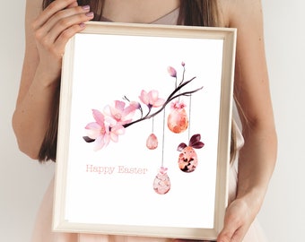 Happy Easter Watercolor Eggs Minimalist Style Sign - Farmhouse Wall Art Printable - Spring Easter Wall Decor