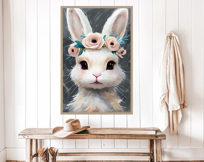 Watercolor Bunny Art Print - Bunny Wall Decor, Easter Poster, Vintage Rabbit Print, Frame TV Art Easter, Farmhouse Bunny Wall Art