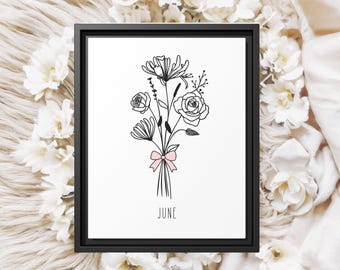 June Birth Flower Framed Canvas Print – Personalized Birth Month Floral Wall Art, Custom Botanical Decor, Nursery Birth Flower Gift