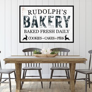 Vintage Christmas Kitchen Decor - Rudolph&#39;s Bakery Sign - Seasonal Wall Art Print - Christmas Bakery Sign