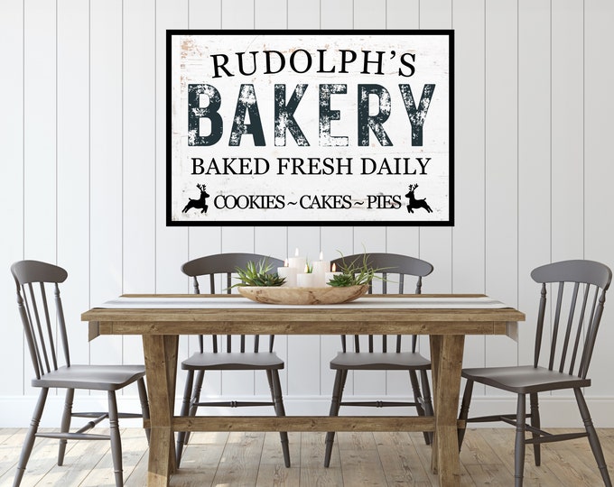 Vintage Christmas Kitchen Decor - Rudolph's Bakery Sign - Seasonal Wall Art Print - Christmas Bakery Sign
