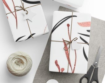 Wrapping Paper, Minimalist Black and Rose Gold Leaf Print for Christmas, Gift Wrap Roll Sheets, Holiday Present Packaging Supplies