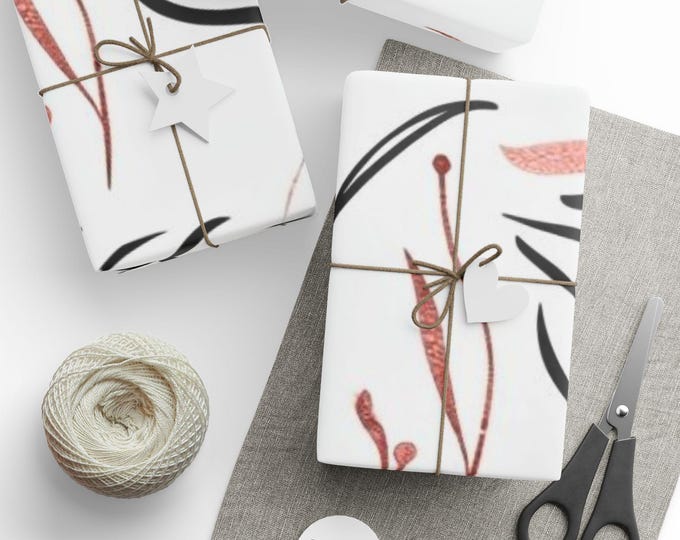 Wrapping Paper, Minimalist Black and Rose Gold Leaf Print for Christmas, Gift Wrap Roll Sheets, Holiday Present Packaging Supplies