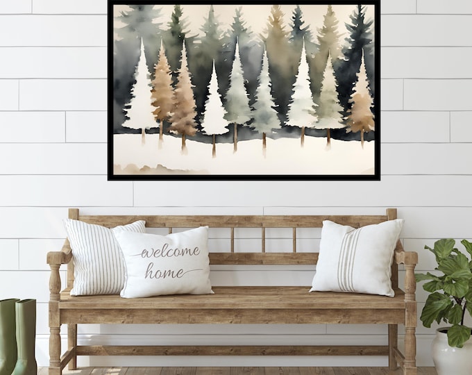 Neutral Winter Tree Landscape Printable – Cozy Rustic Holiday Decor, Serene Winter Landscape Poster, Winter Artwork, Farmhouse Style