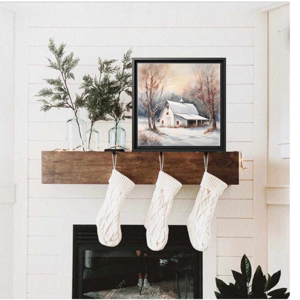 Rustic White Christmas Barn Canvas Print, Winter Farmhouse Wall Art ...
