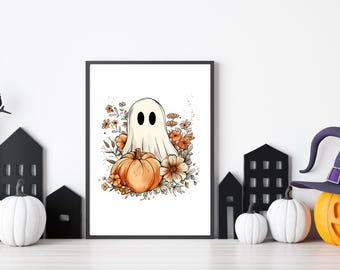 Watercolor Ghost Print for Halloween - Cute Ghost Wall Decor - Halloween Art Print - Digital Download - Halloween Party Decor
