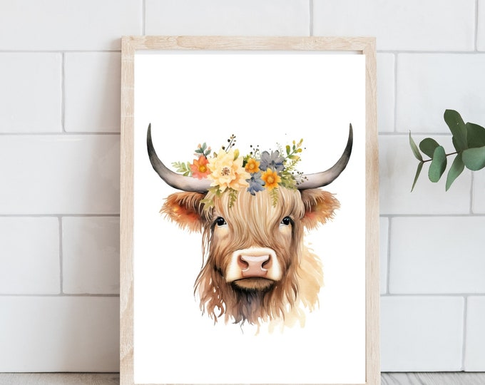 Highland Cow and Flowers Print - Farm Animal Art - Digital Download - Watercolor Cow Art