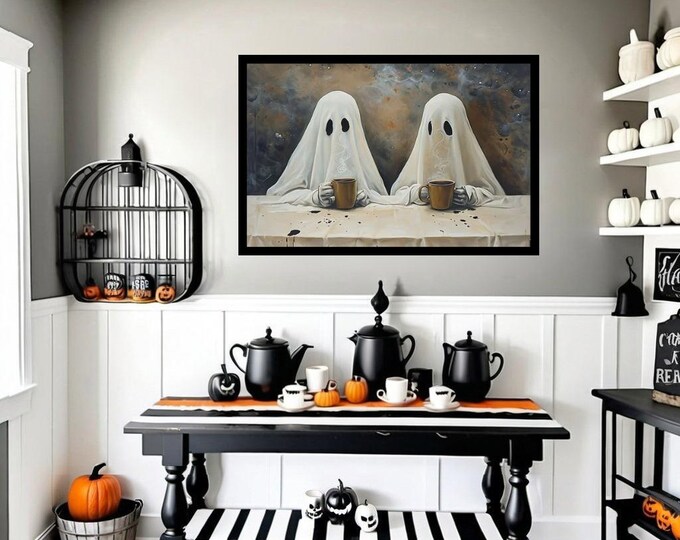 Ghosts Having Coffee Wall Art, Fall Coffee Decor for Halloween Kitchen, Spooky Coffee Bar Decor, Halloween Print, Halloween Decoration