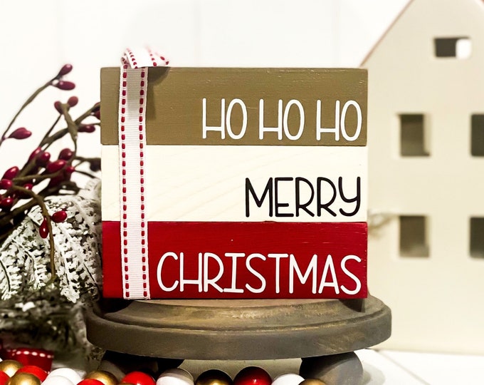 Holiday Tiered Tray Decor - Ho Ho Ho Merry Christmas Wood Sign and Farmhouse Christmas Decor