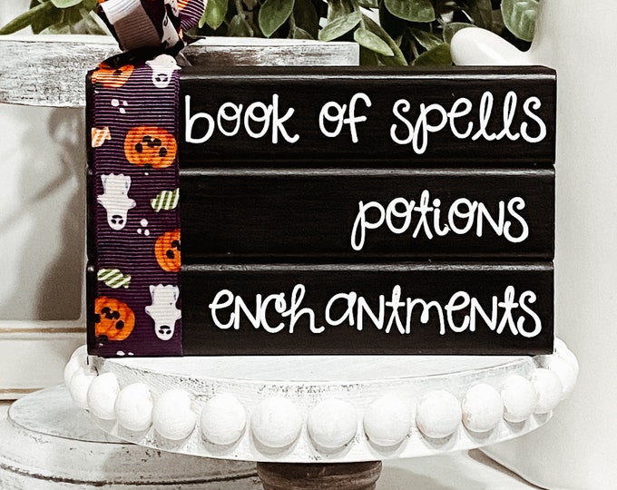Book of Spells Wood Bookstack - Spooky Halloween Decor - Unique Halloween Tier Tray Decor - Spooky Vibes Decoration