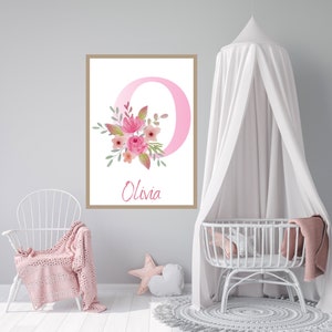 Personalized Pink Floral Nursery Print - Custom Initial Wall Art Digital Download -  Baby Shower Gift
