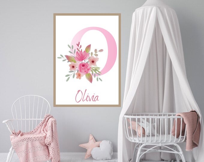 Personalized Pink Floral Nursery Print - Custom Initial Wall Art Digital Download -  Baby Shower Gift