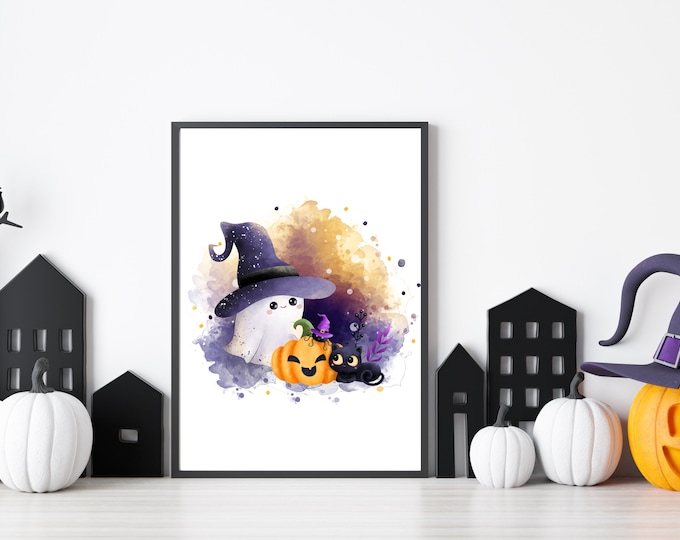Watercolor Ghost Wall Art Print - Halloween Printable Decor - Cute Ghost Art - Halloween Wall Decor - Digital Print