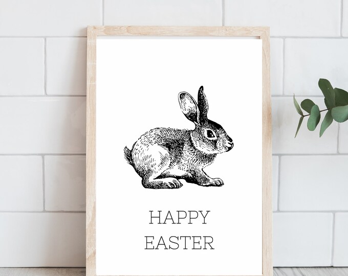 Vintage Happy Easter Bunny Art Print - Instant Download - Easter Wall Decor - Spring Home Decor