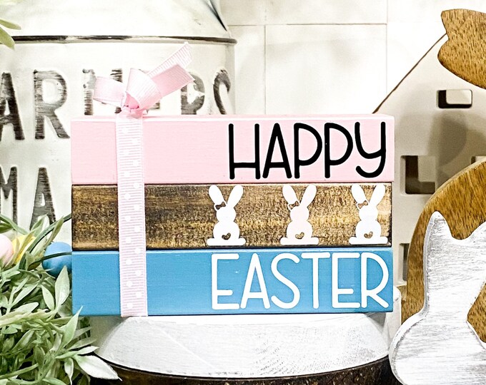Pastel Happy Easter Sign for Tiered Tray Decor / Bunny Decor, Easter Brunch Table Decor