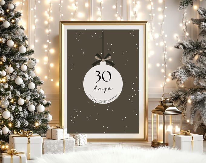Neutral Farmhouse Christmas Countdown Digital Print – Editable Rustic Holiday Decor, Printable Christmas Countdown Ornament for Canva