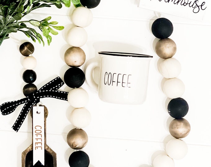 Coffee Mini Wood Beaded Scoop Garland Farmhouse Coffee Tiered Tray Decor, Canister Scoop, Coffee Bar Decor