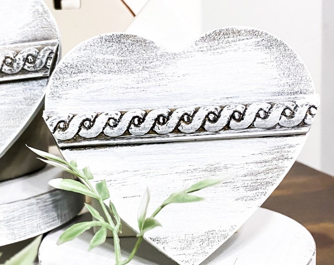 Handcrafted Chalk Painted 4” Chunky Wood Heart for Farmhouse Valentines Decor, Pretty and Rustic Tiered Tray Decor
