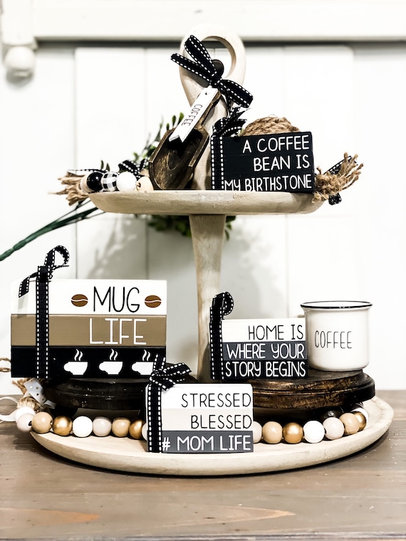 Farmhouse Style Coffee Bar Accessories for Tiered Trays Coffee House Decor  Collection With Wood Signs and Beaded Scoop 