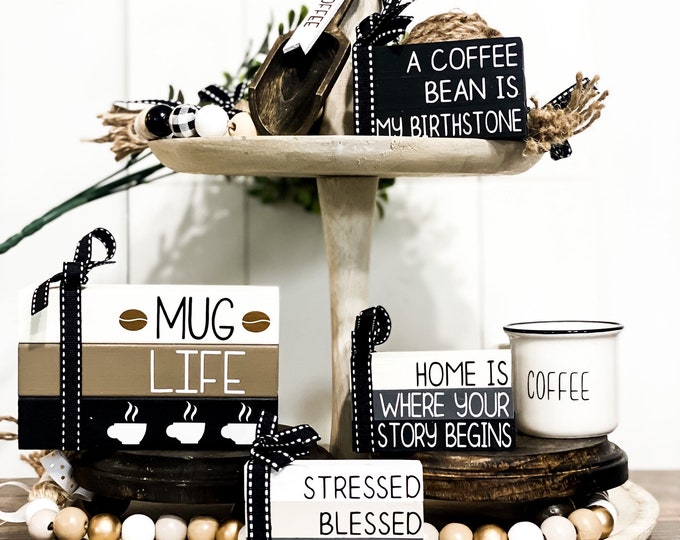 Farmhouse style coffee bar accessories for tiered trays - Coffee House Decor Collection with Wood Signs and Beaded Scoop