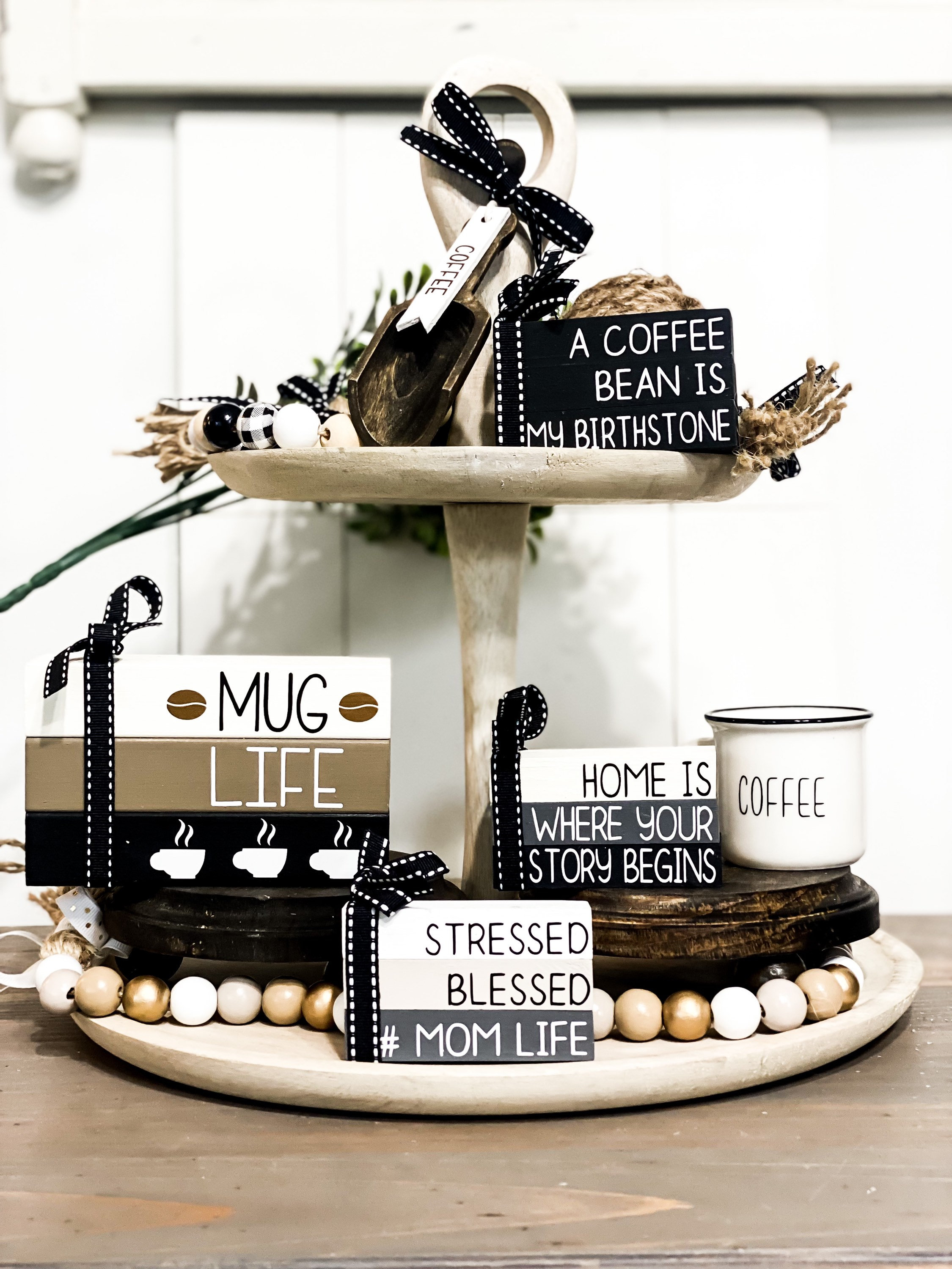 Coffee Themed Tiered Tray Decor Farmhouse Wooden Coffee Bar Signs Coffee  Bar Accessories Decor for Home